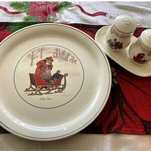 Four Piece Santa HALLMARK 12" Round Christmas Platter "Jolly Times" Salt Pepper